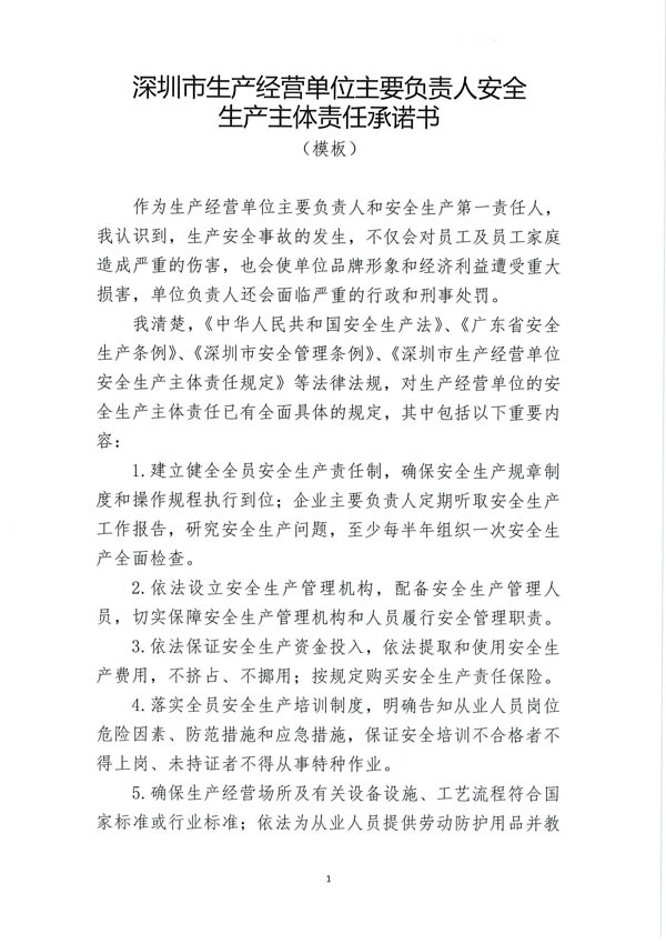 深圳市生產(chǎn)經(jīng)營(yíng)單位主要負責人安全生產(chǎn)主體責任承諾書(shū)